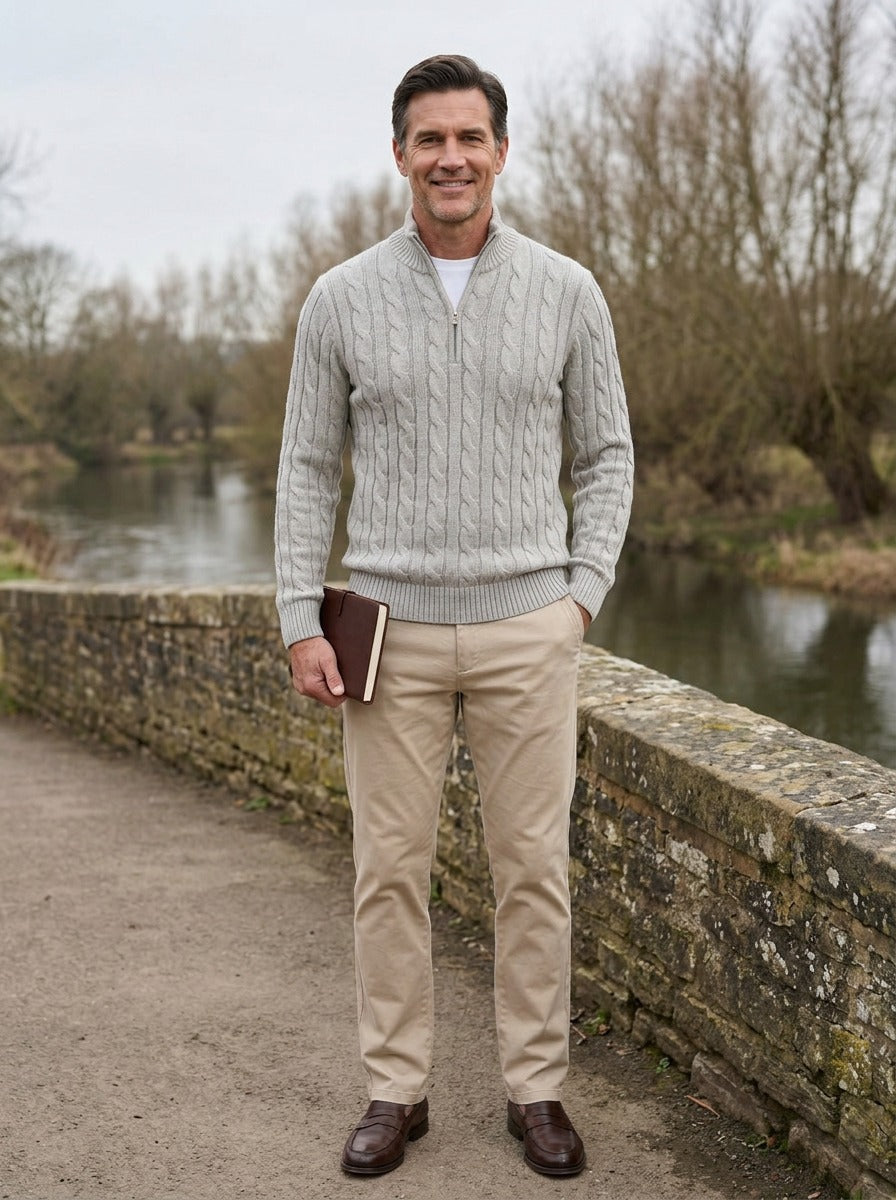 Sutherland cable knit quarter zip sweater in Light Grey, lifestyle on a stone footbridge, Gentlemens Manor
