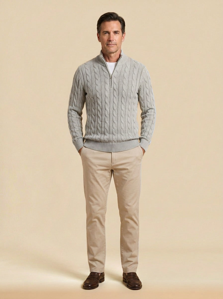 Sutherland cable knit quarter zip sweater in Light Grey, studio, Gentlemens Manor