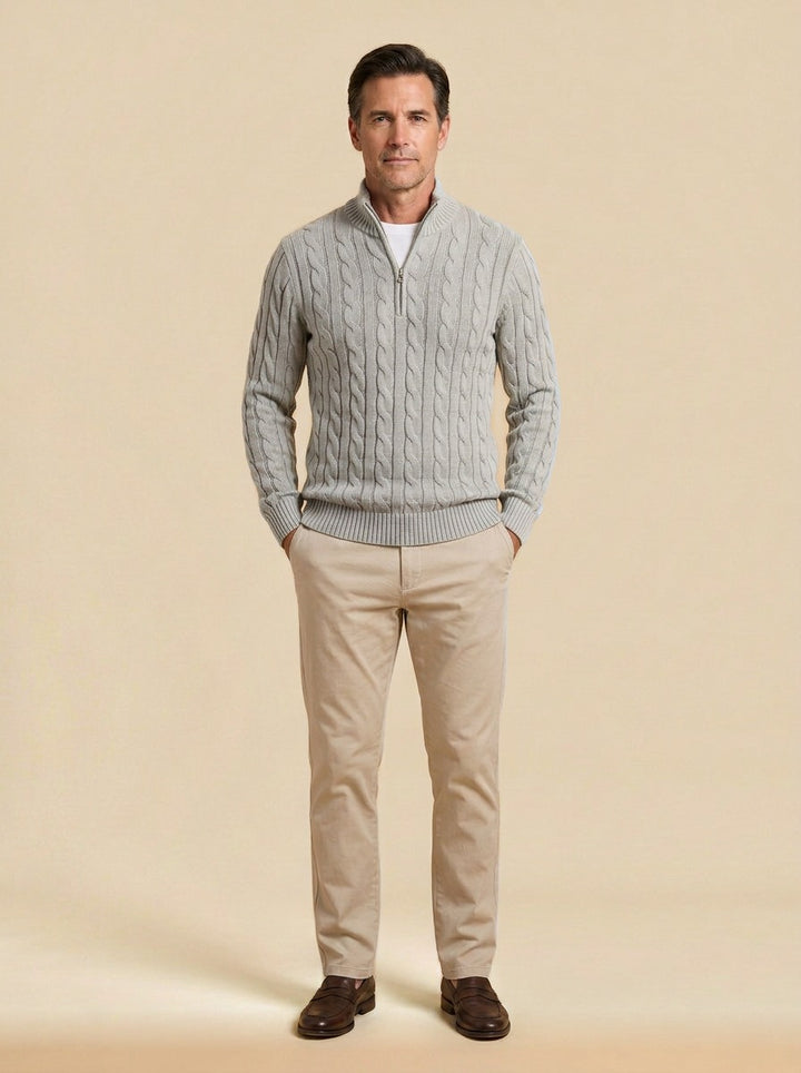 Sutherland cable knit quarter zip sweater in Light Grey, studio, Gentlemens Manor