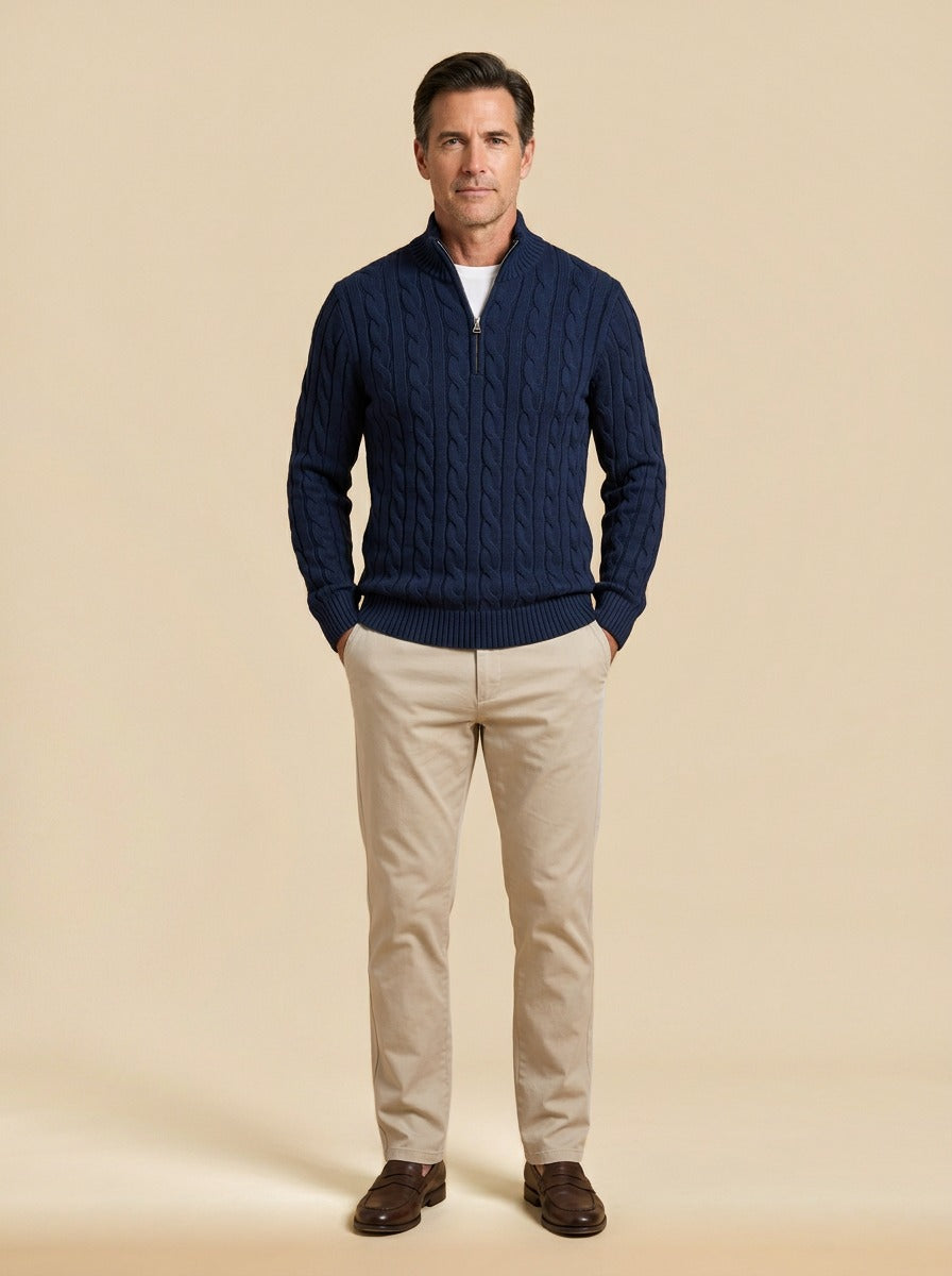 Sutherland cable knit quarter zip sweater in Navy, studio, Gentlemens Manor