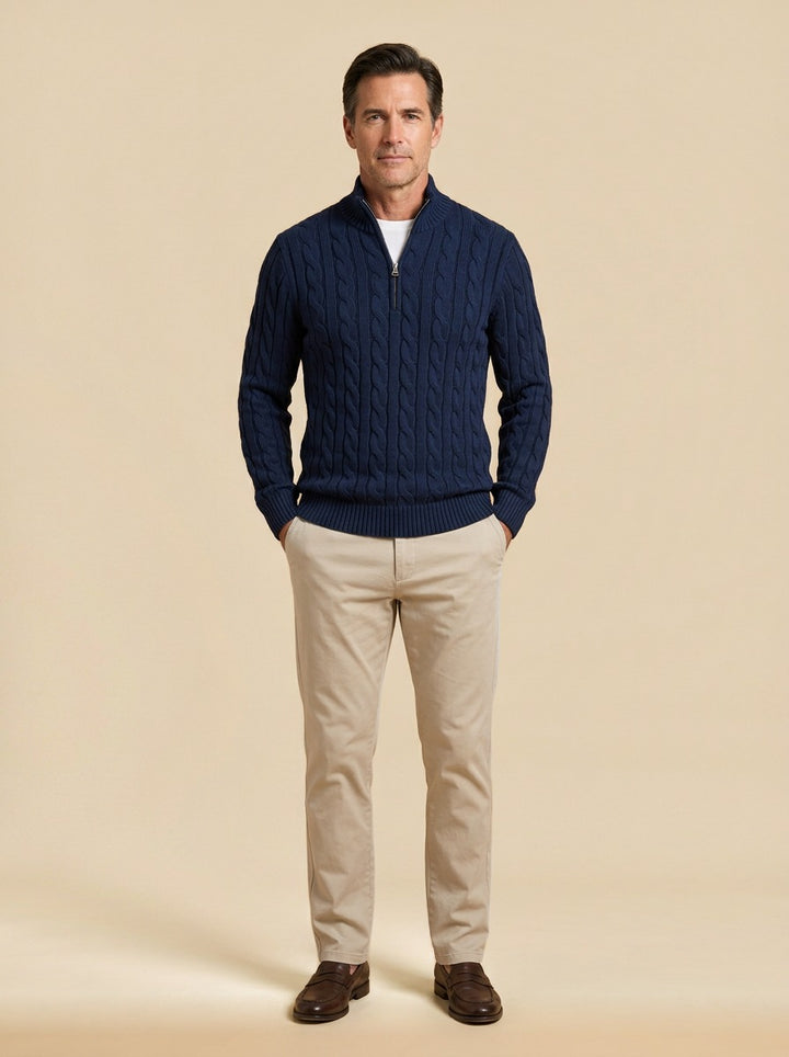 Sutherland cable knit quarter zip sweater in Navy, studio, Gentlemens Manor