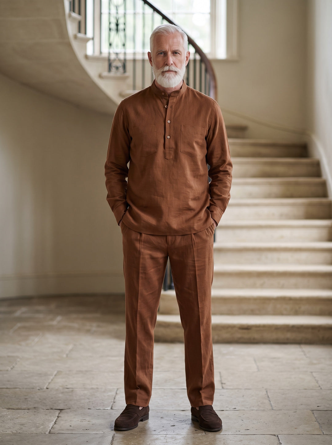 Sutton two piece set in Brown, lifestyle, Gentlemens Manor