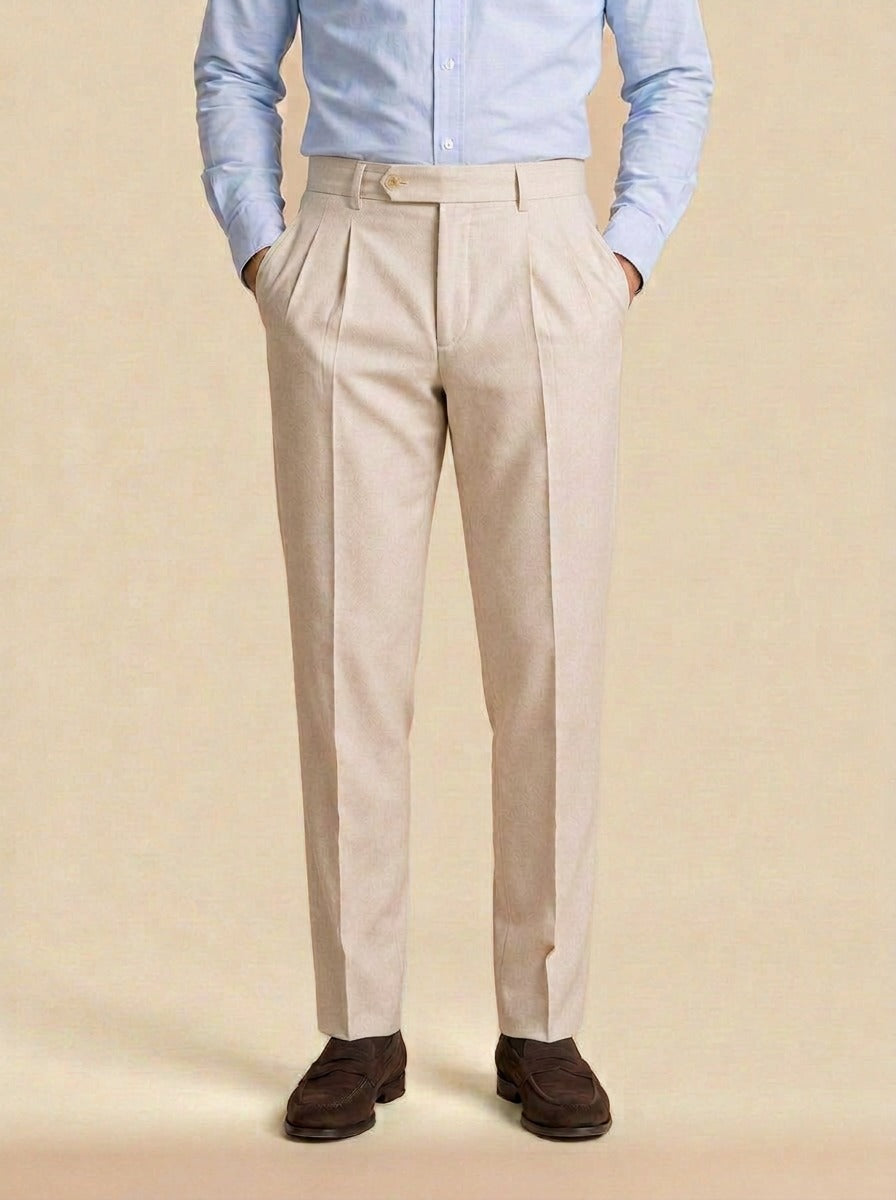 Talcott pointed tab double pleated trousers in Beige, studio, Gentlemens Manor