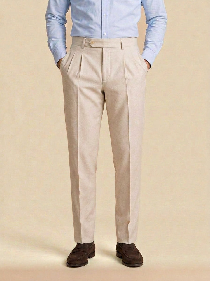 Talcott pointed tab double pleated trousers in Beige, studio, Gentlemens Manor