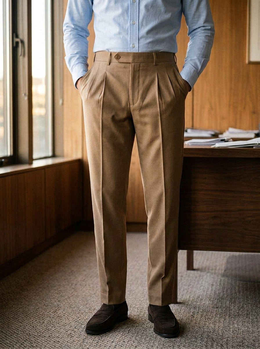 Talcott pointed tab double pleated trousers in Camel, lifestyle in a timber paneled office, Gentlemens Manor