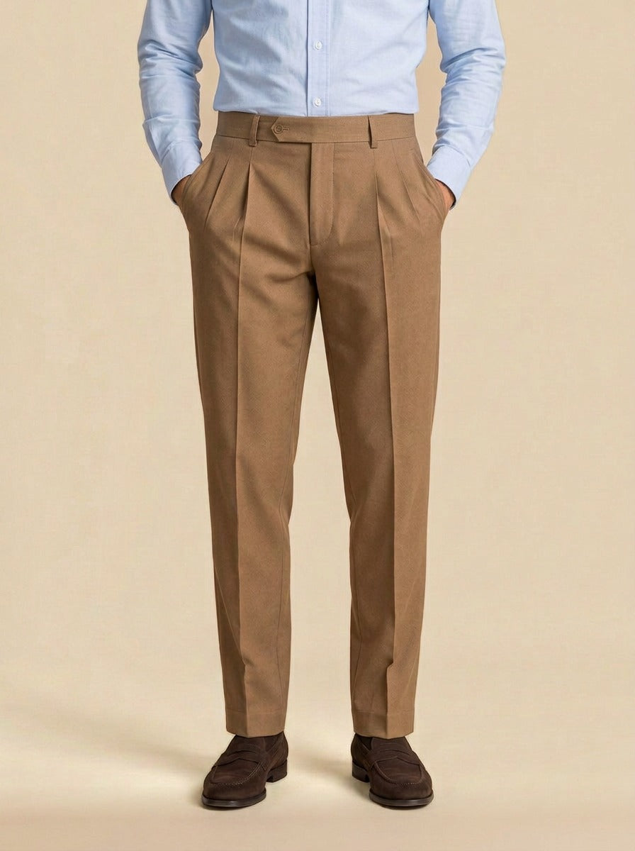 Talcott pointed tab double pleated trousers in Camel, studio, Gentlemens Manor