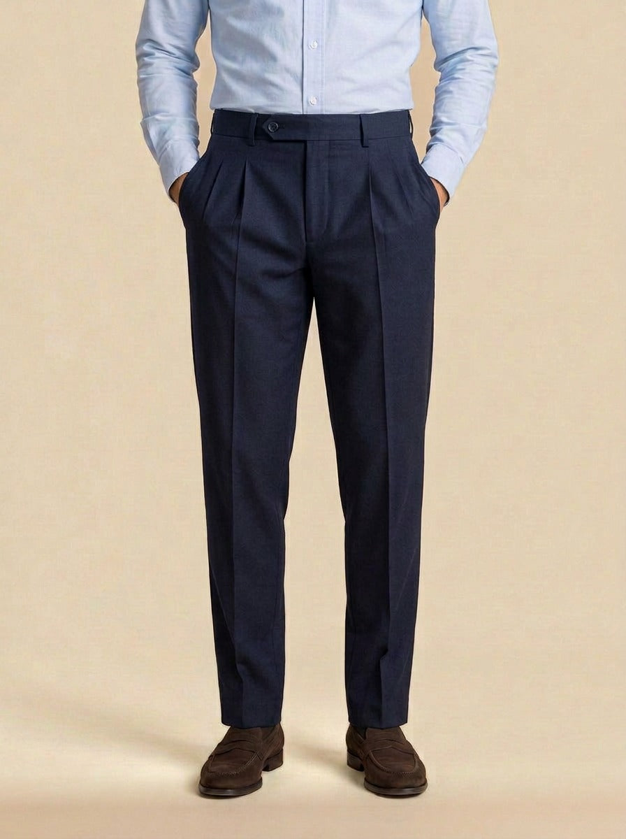Talcott pointed tab double pleated trousers in Navy, studio, Gentlemens Manor