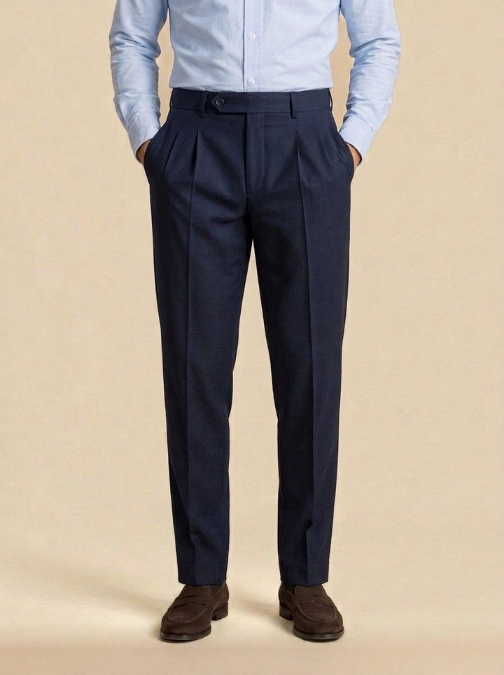 Talcott pointed tab double pleated trousers in Navy, studio, Gentlemens Manor