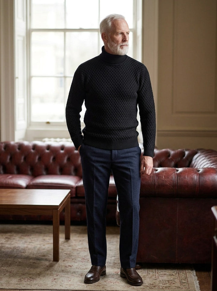 Talmadge sweater in Black, lifestyle in a club reading room, Gentlemens Manor