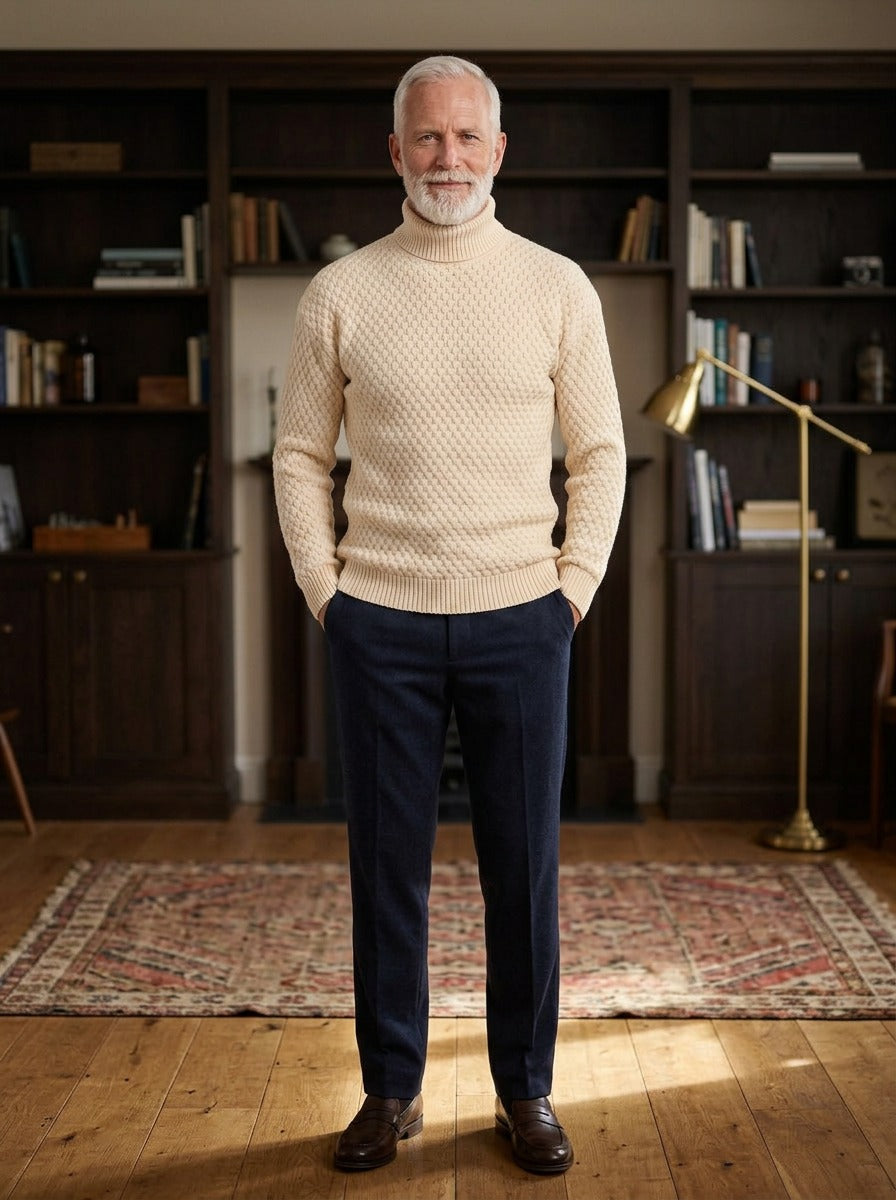 Talmadge sweater in Cream, lifestyle in a private study, Gentlemens Manor