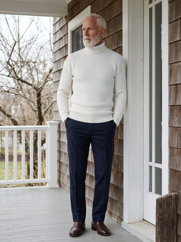 Talmadge sweater in White, lifestyle on a covered porch, Gentlemens Manor