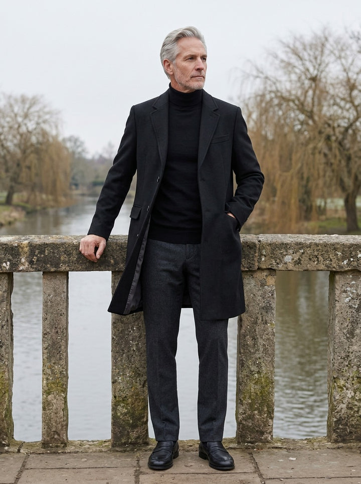 Templeton overcoat in Black, lifestyle on a stone footbridge, Gentlemens Manor