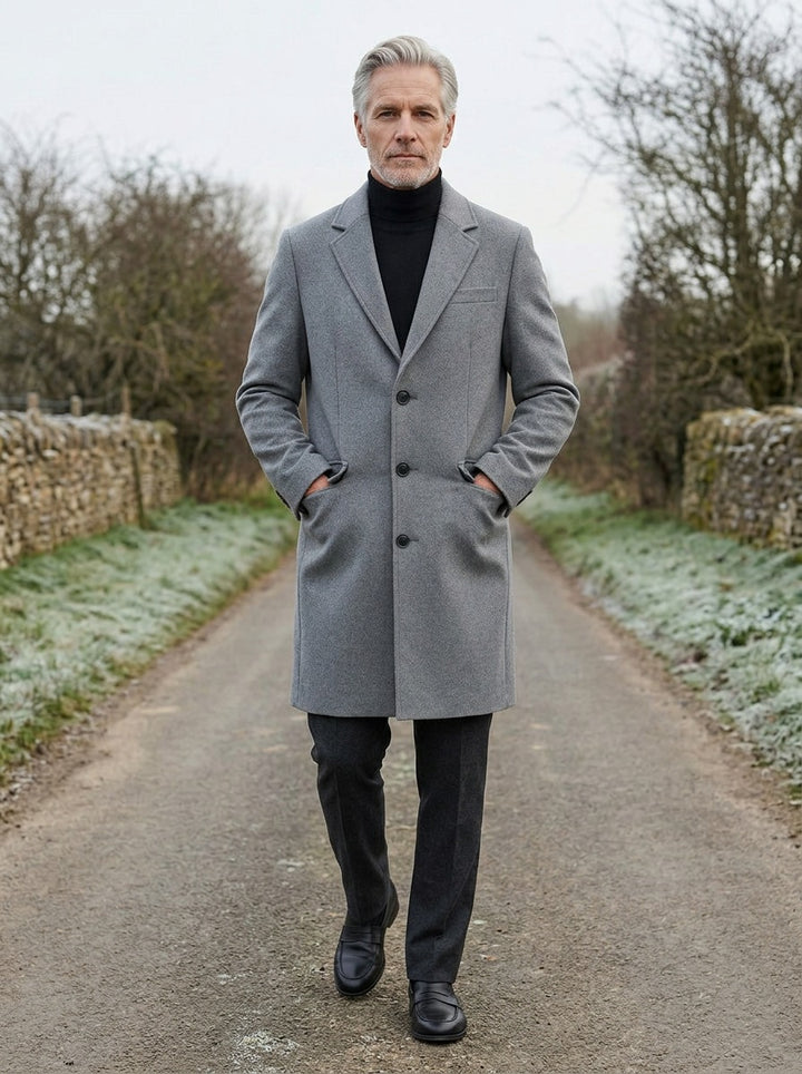 Templeton overcoat in Grey, lifestyle on a country lane, Gentlemens Manor