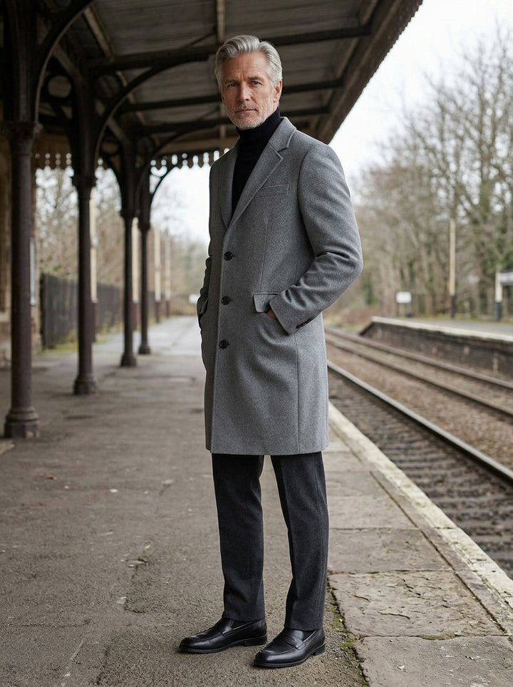 Templeton overcoat in Grey, lifestyle on a railway platform, Gentlemens Manor