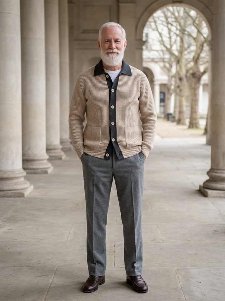 Tennyson cardigan in Beige, lifestyle in a stone colonnade, Gentlemens Manor