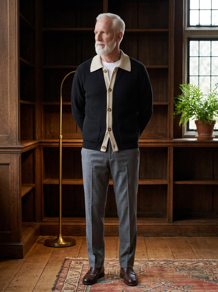 Tennyson cardigan in Black, lifestyle in a private study, Gentlemens Manor