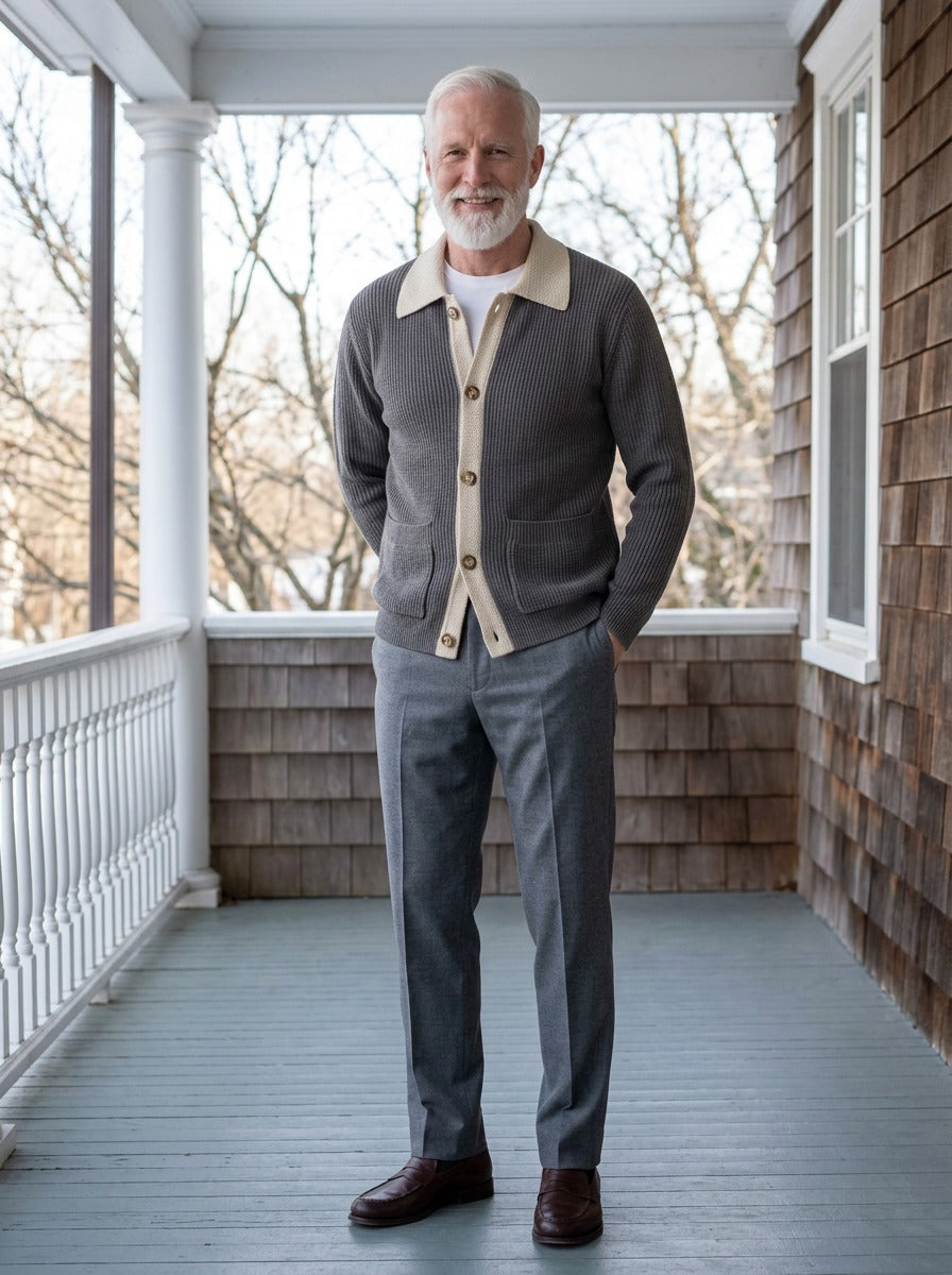 Tennyson cardigan in Grey, lifestyle on a covered porch, Gentlemens Manor