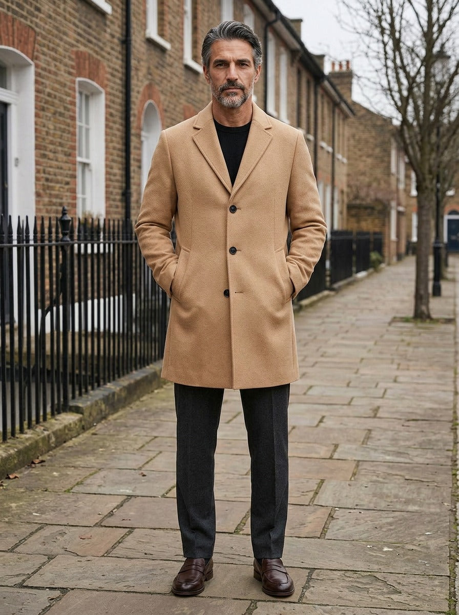 Thackeray overcoat in Camel, lifestyle on a street of brick row houses, Gentlemens Manor