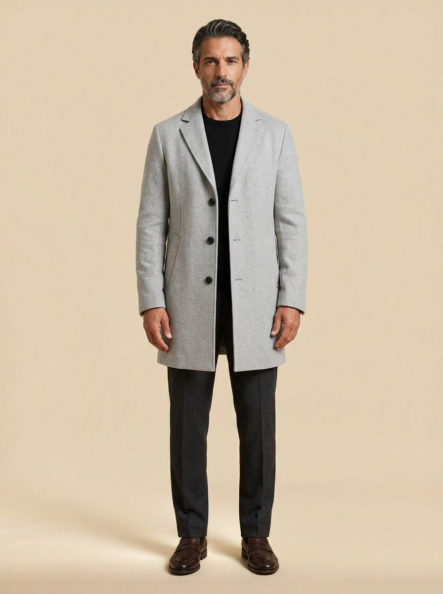 Thackeray overcoat in Light Grey, studio, Gentlemens Manor
