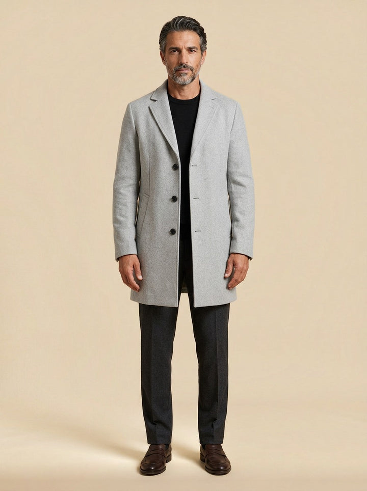 Thackeray overcoat in Light Grey, studio, Gentlemens Manor