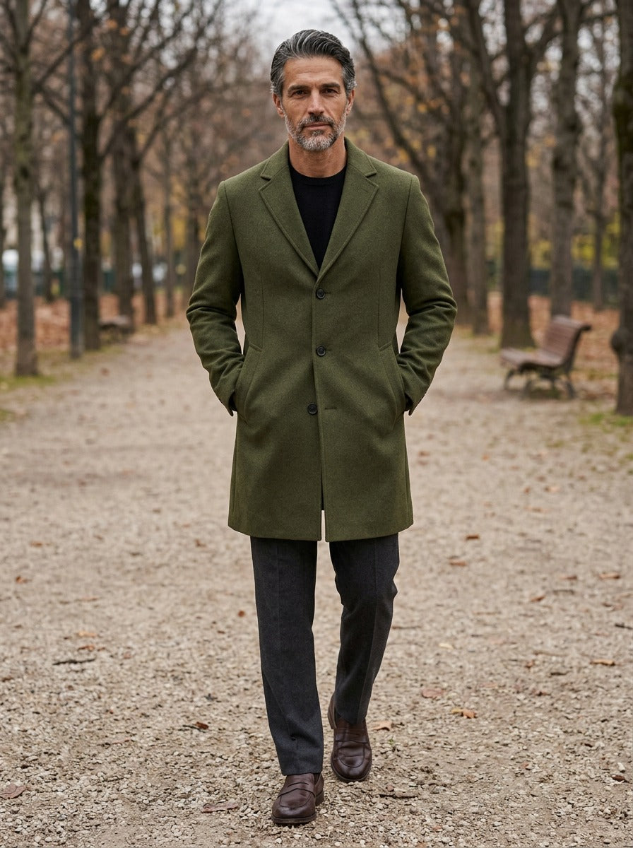 Thackeray overcoat in Olive, lifestyle on a park path, Gentlemens Manor