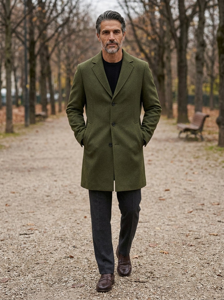Thackeray overcoat in Olive, lifestyle on a park path, Gentlemens Manor