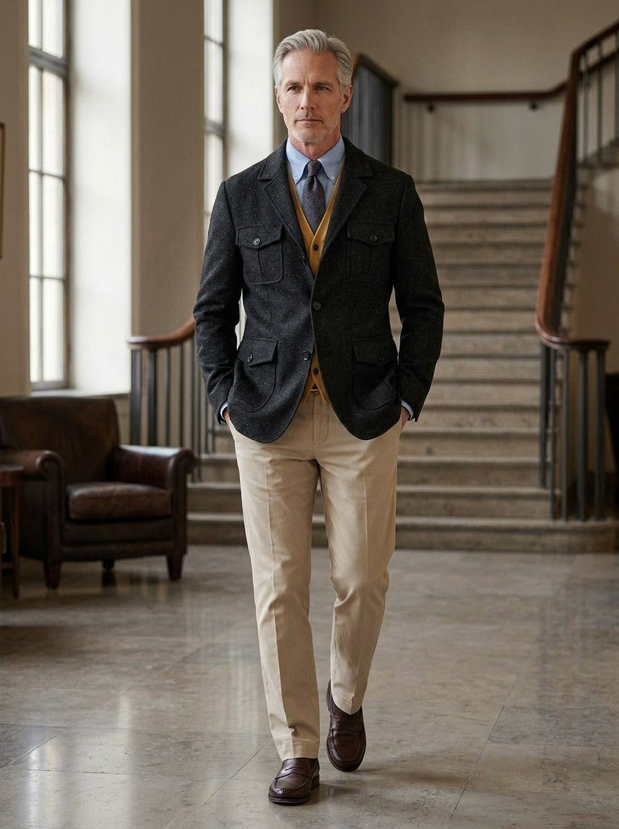 Thaddeus tweed field blazer in Black, lifestyle in a hotel lobby, Gentlemens Manor