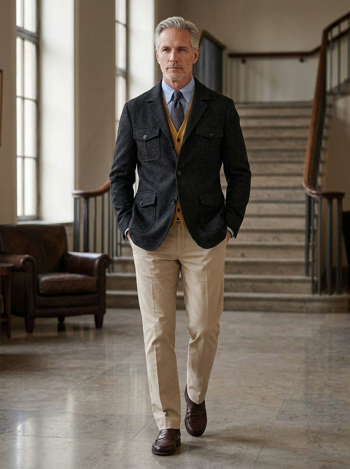 Thaddeus tweed field blazer in Black, lifestyle in a hotel lobby, Gentlemens Manor