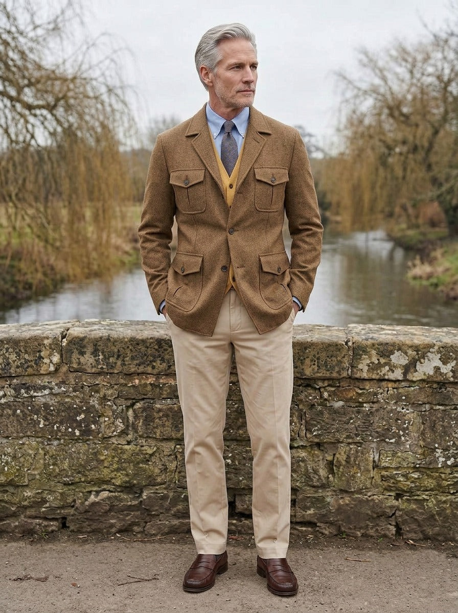 Thaddeus tweed field blazer in Brown, lifestyle on a stone footbridge, Gentlemens Manor