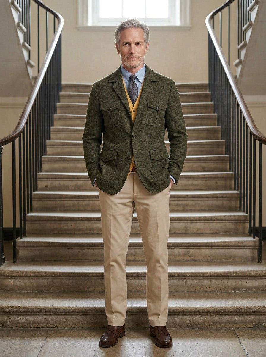 Thaddeus tweed field blazer in Olive, lifestyle on a civic stone staircase, Gentlemens Manor