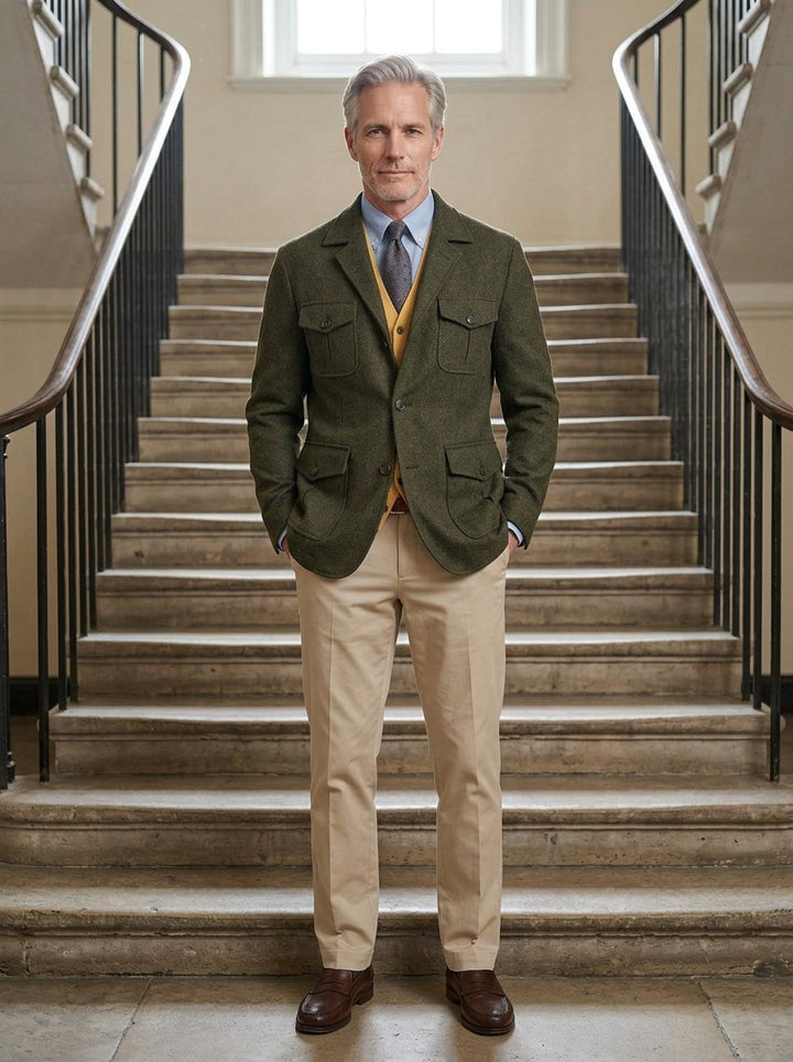 Thaddeus tweed field blazer in Olive, lifestyle on a civic stone staircase, Gentlemens Manor