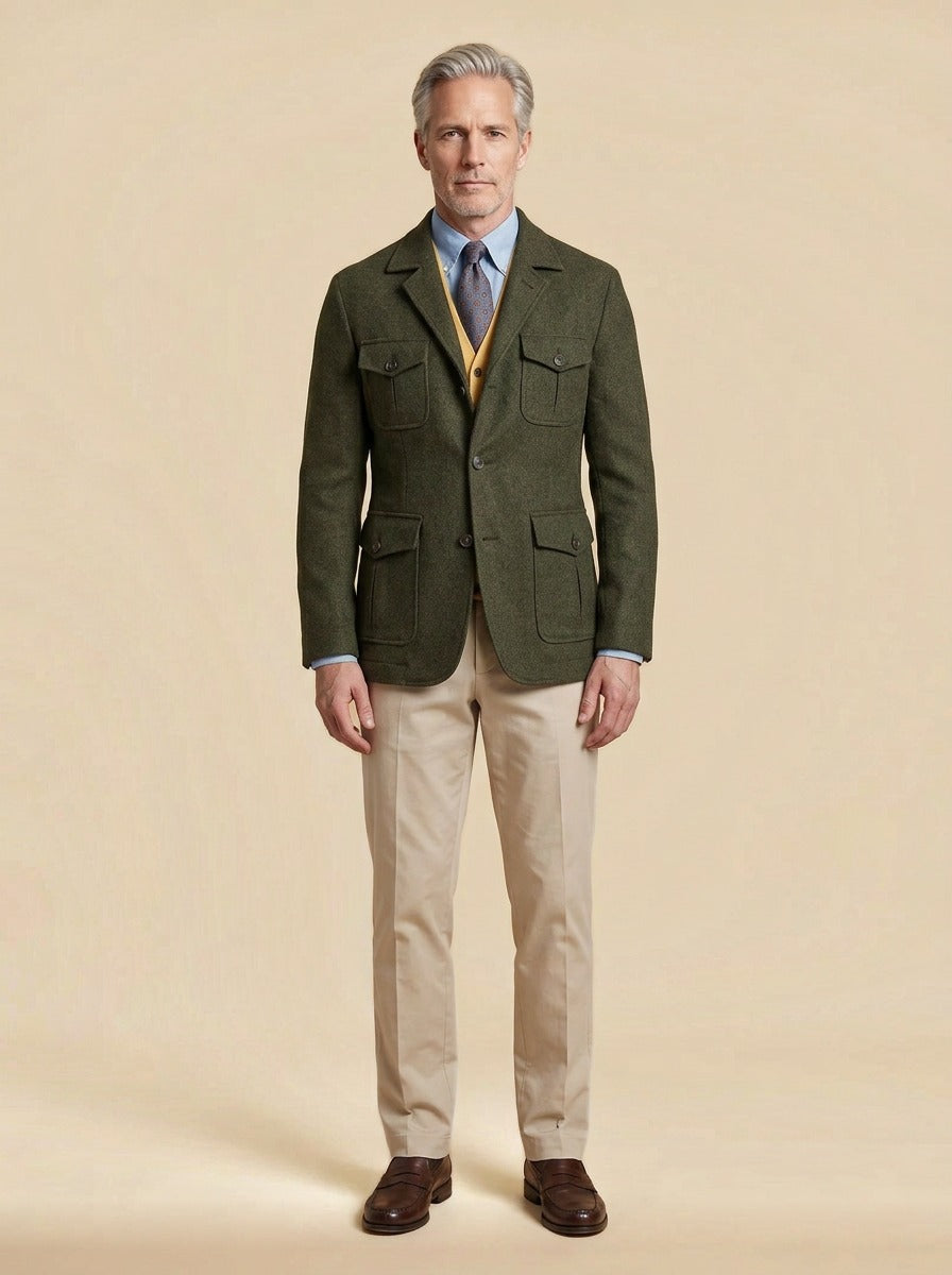 Thaddeus tweed field blazer in Olive, studio, Gentlemens Manor