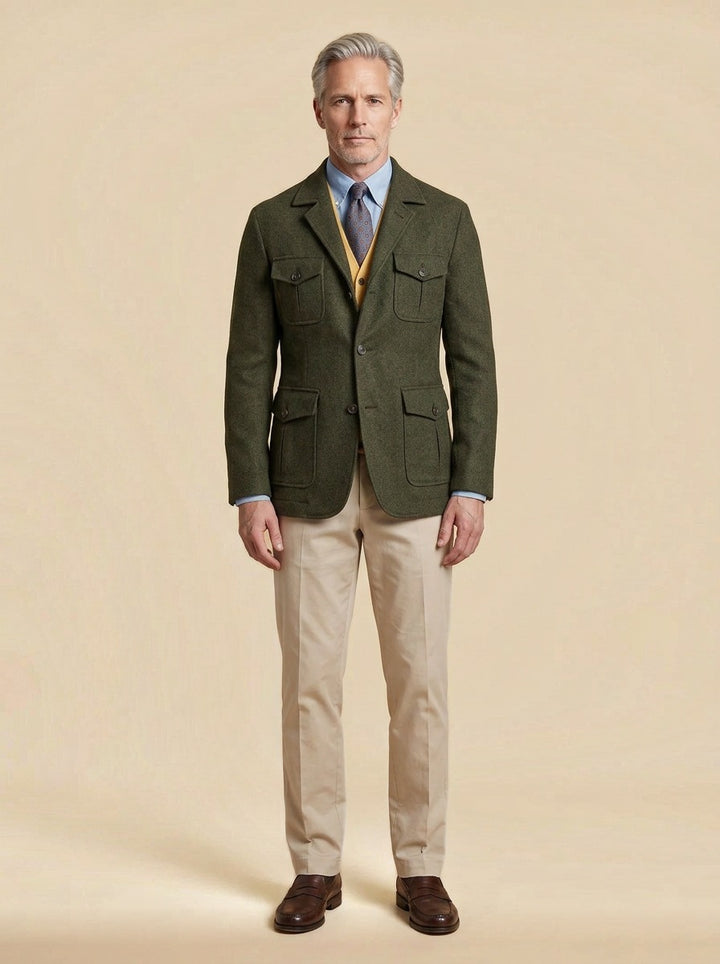 Thaddeus tweed field blazer in Olive, studio, Gentlemens Manor