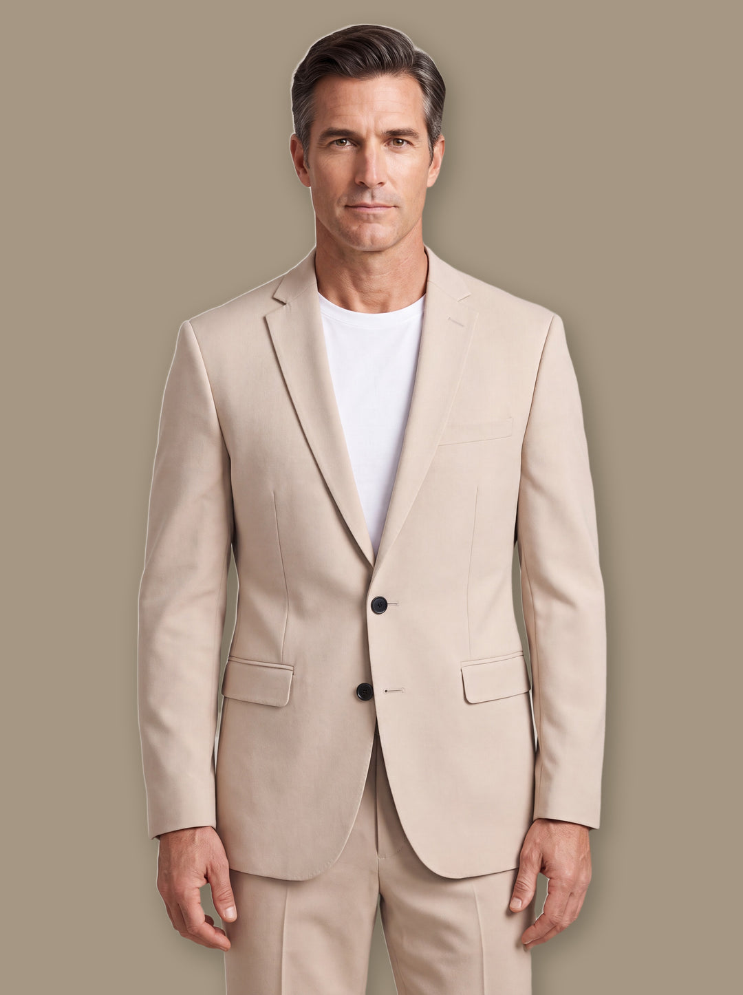 Thayer blazer suit in Beige, worn by a model on a warm taupe studio background - Gentlemens Manor