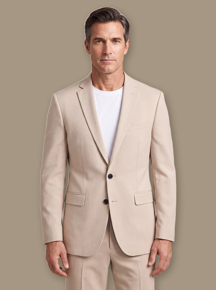 Thayer blazer suit in Beige, worn by a model on a warm taupe studio background - Gentlemens Manor