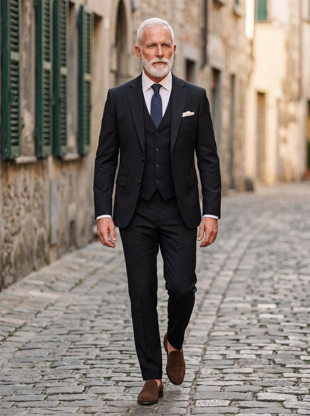 Thayer Men three-piece suit in black, worn by a model in a Mediterranean setting - Gentlemens Manor lifestyle