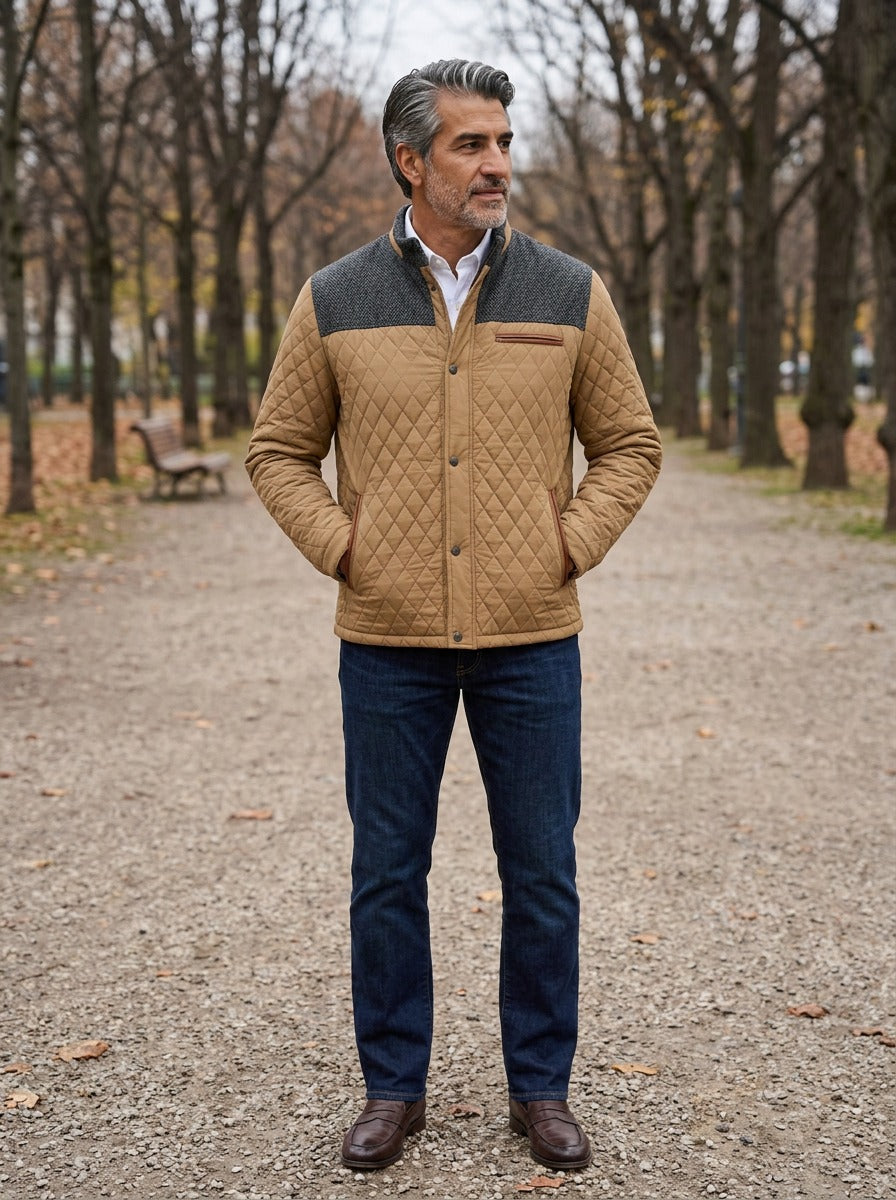 Thorley quilted jacket in Khaki, lifestyle on a park path, Gentlemens Manor