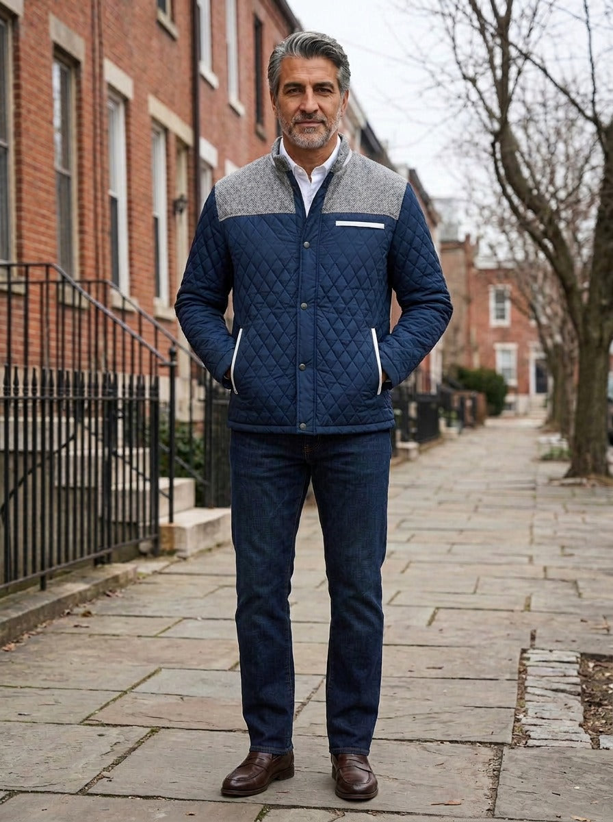 Thorley quilted jacket in Navy, lifestyle on a street of brick row houses, Gentlemens Manor