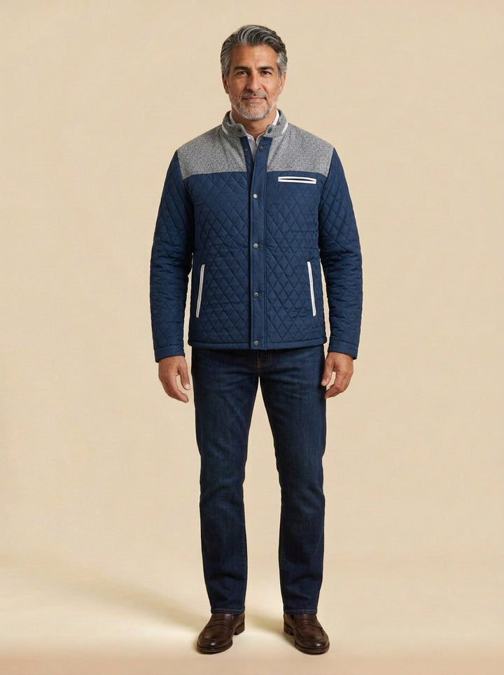 Thorley quilted jacket in Navy, studio, Gentlemens Manor