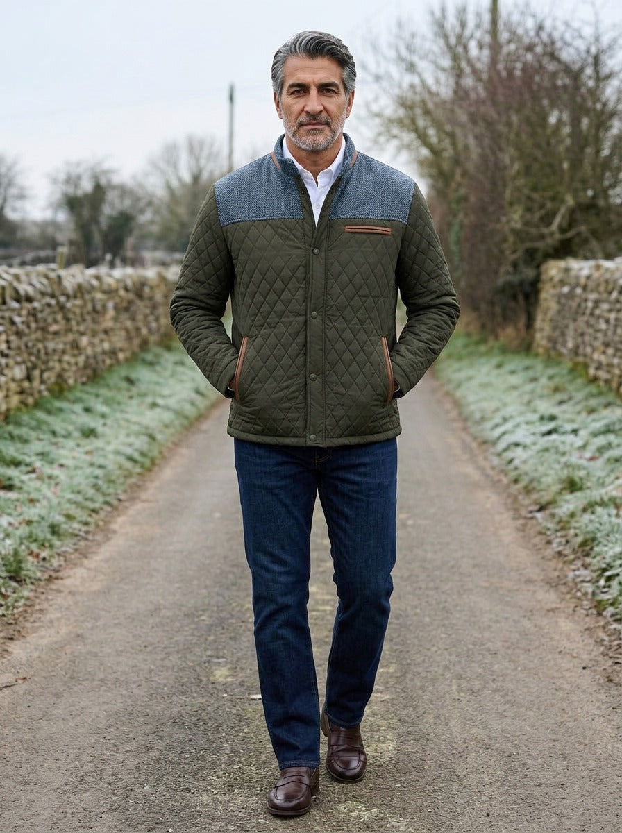 Thorley quilted jacket in Olive, lifestyle on a country lane, Gentlemens Manor