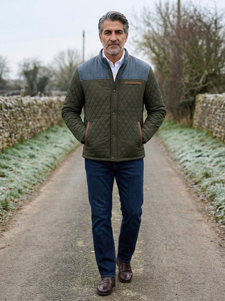 Thorley quilted jacket in Olive, lifestyle on a country lane, Gentlemens Manor