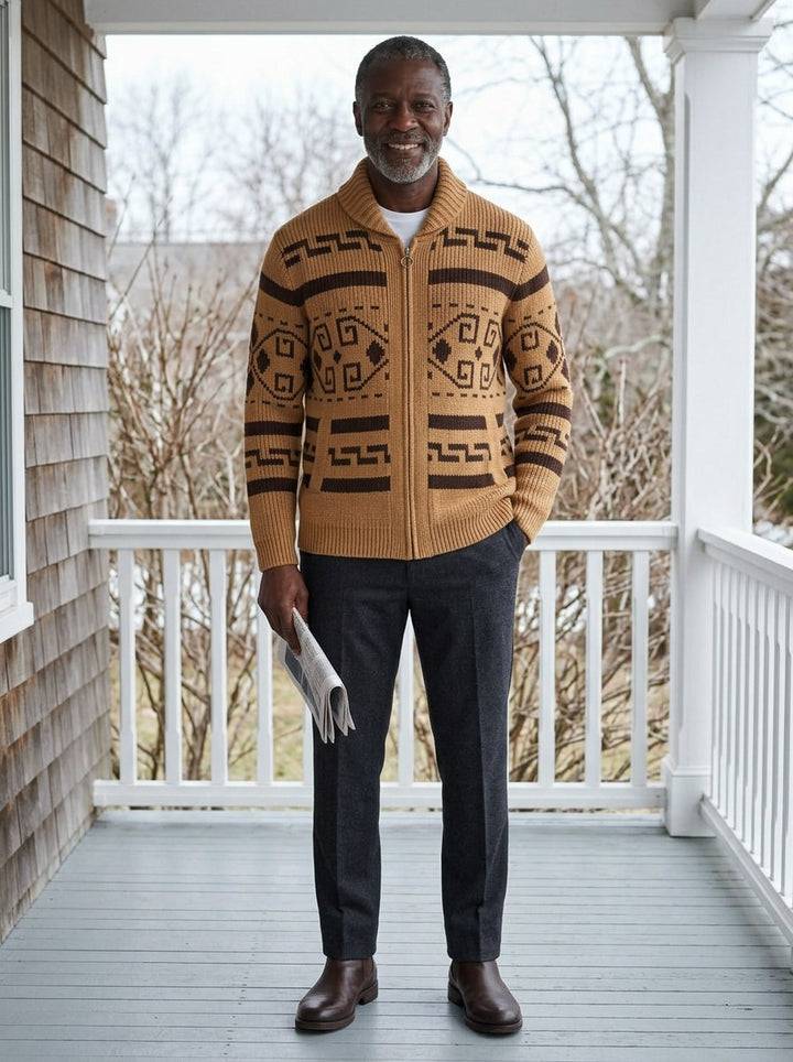 Thornbury cardigan in Camel, lifestyle on a covered porch, Gentlemens Manor