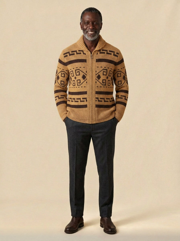 Thornbury cardigan in Camel, studio, Gentlemens Manor
