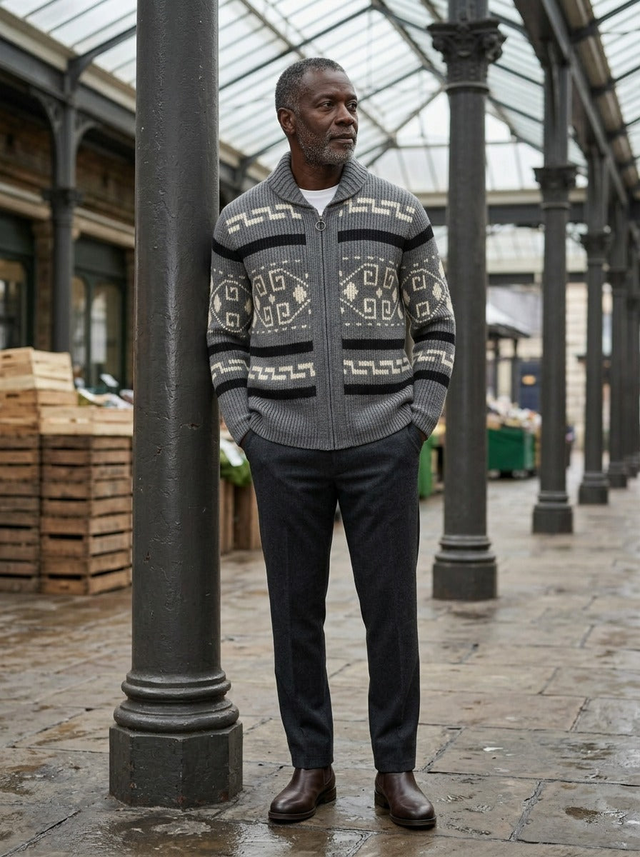 Thornbury cardigan in Charcoal, lifestyle in a covered market hall, Gentlemens Manor