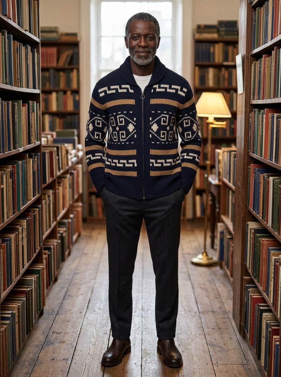 Thornbury cardigan in Navy, lifestyle in a secondhand bookshop, Gentlemens Manor