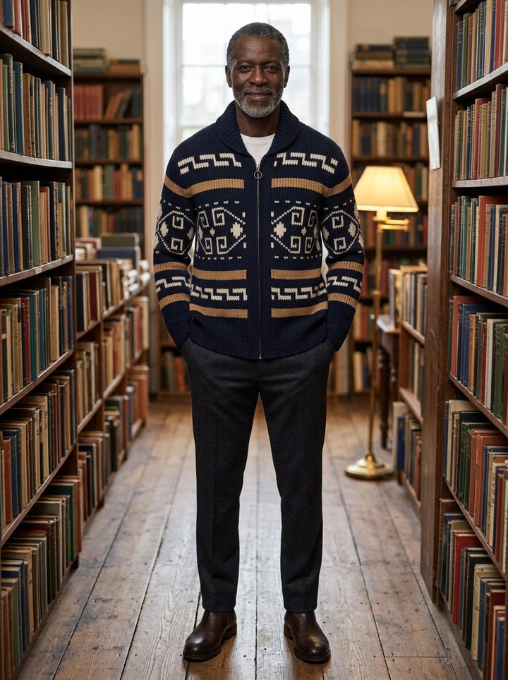 Thornbury cardigan in Navy, lifestyle in a secondhand bookshop, Gentlemens Manor