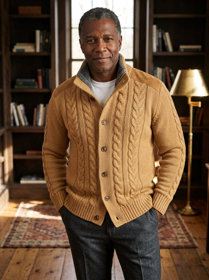 Thornton cable knit cardigan in Camel, lifestyle, Gentlemens Manor
