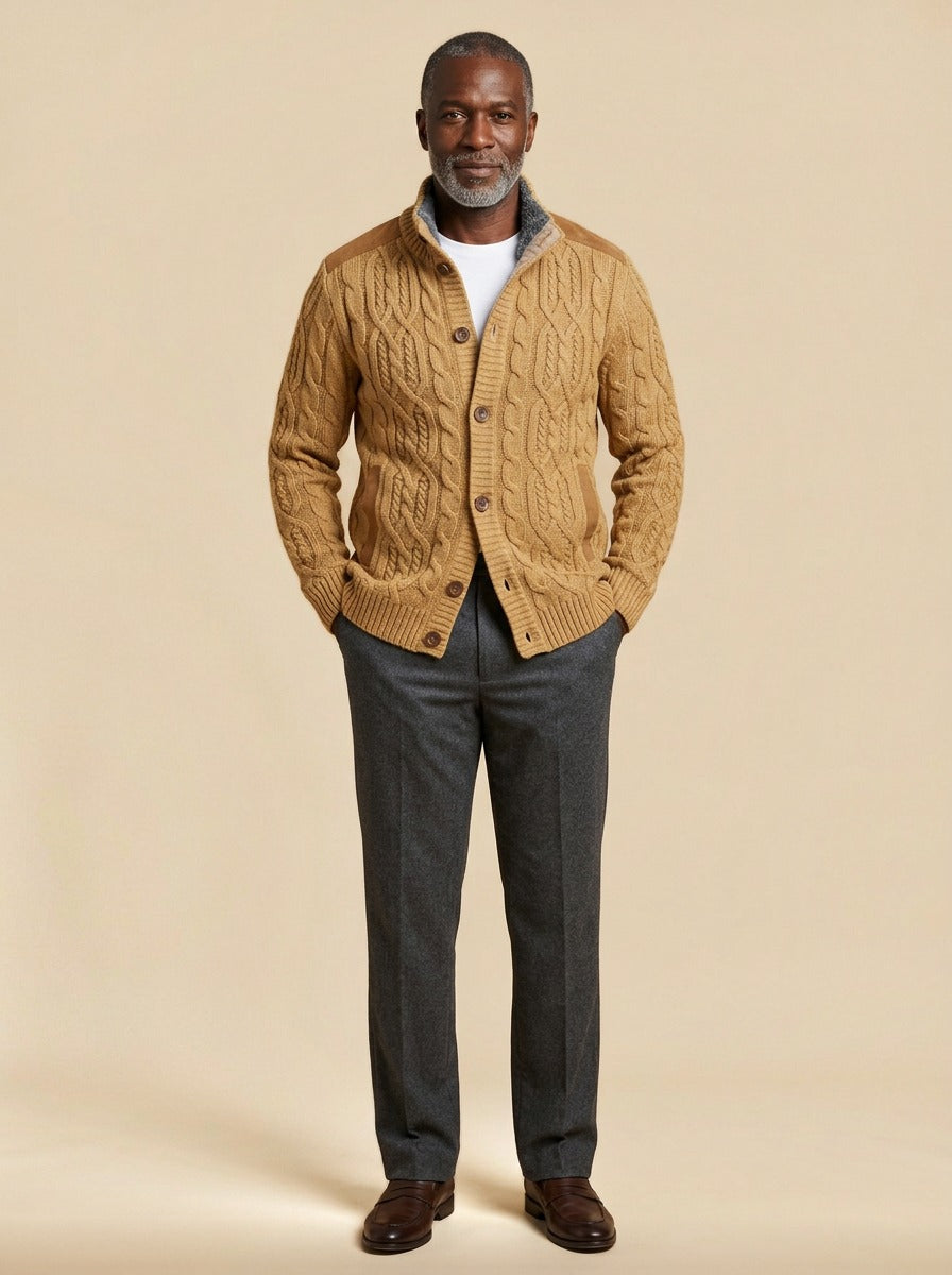 Thornton cable knit cardigan in Camel, studio, Gentlemens Manor
