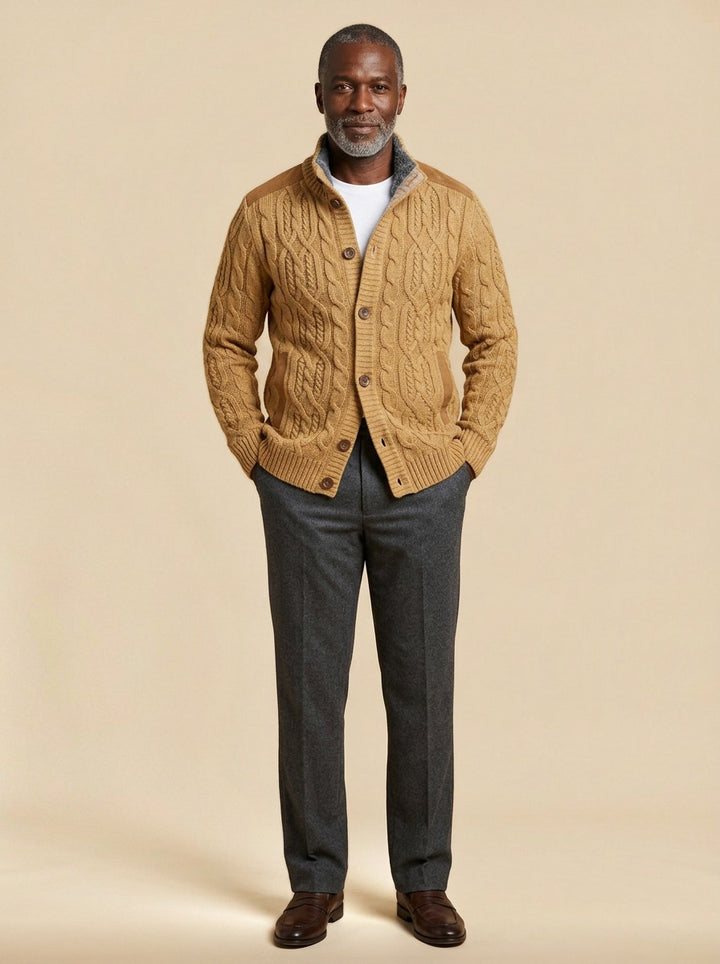 Thornton cable knit cardigan in Camel, studio, Gentlemens Manor