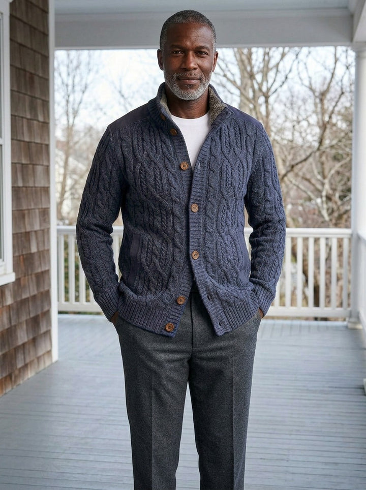 Thornton cable knit cardigan in Navy, lifestyle, Gentlemens Manor